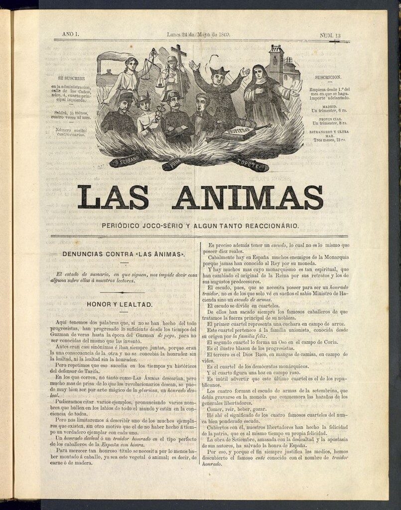 Miniatura de Las Ánimas: Periódico joco-serio y un tanto reaccionario. Lunes 24 de mayo de 1869