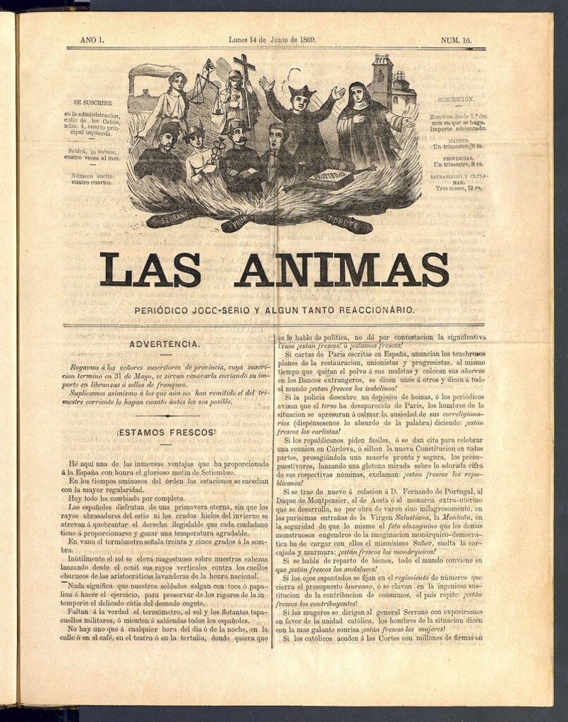 Miniatura de Las Ánimas: Periódico joco-serio y un tanto reaccionario. Lunes 14 de junio de 1869