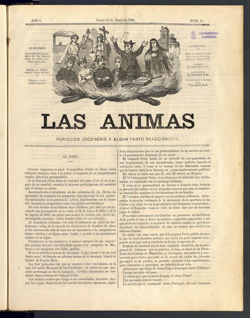 Miniatura de Las Ánimas: Periódico joco-serio y un tanto reaccionario. Lunes 28 de junio de 1869