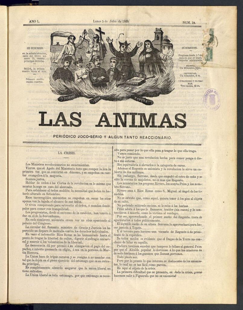 Miniatura de Las Ánimas: Periódico joco-serio y un tanto reaccionario. Lunes 5 de julio de 1869