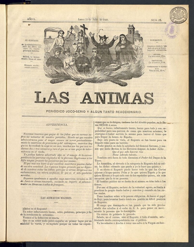 Miniatura de Las Ánimas: Periódico joco-serio y un tanto reaccionario. Lunes 19 de julio de 1869