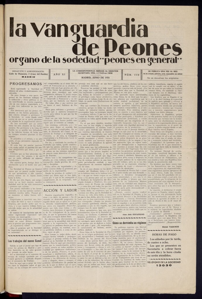 Miniatura de La Vanguardia de peones del mes de junio de 1931. Número 116