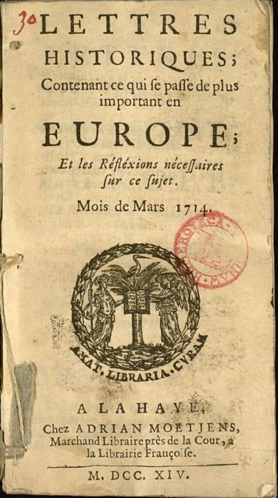 Miniatura de Lettres Historiques : contenant ce qui se passe de plus important en Europe de marzo del año 1714