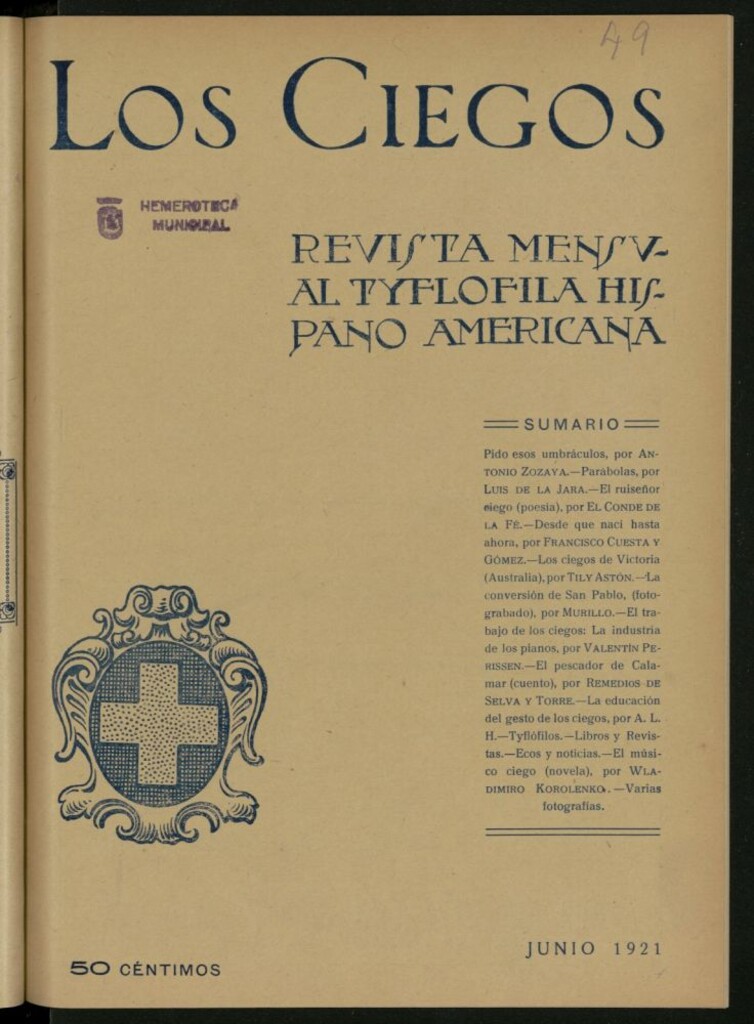 Miniatura de Los ciegos: revista mensual tyflofila hispano-americana junio de 1921, nº 49