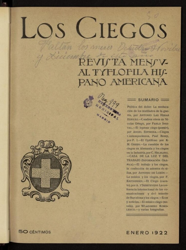 Miniatura de Los ciegos: revista mensual tyflofila hispano-americana de enero de 1922, nº 50