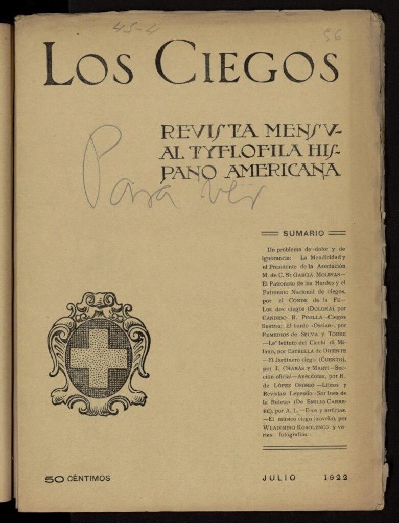 Miniatura de Los ciegos: revista mensual tyflofila hispano-americana de julio de 1922, nº 56