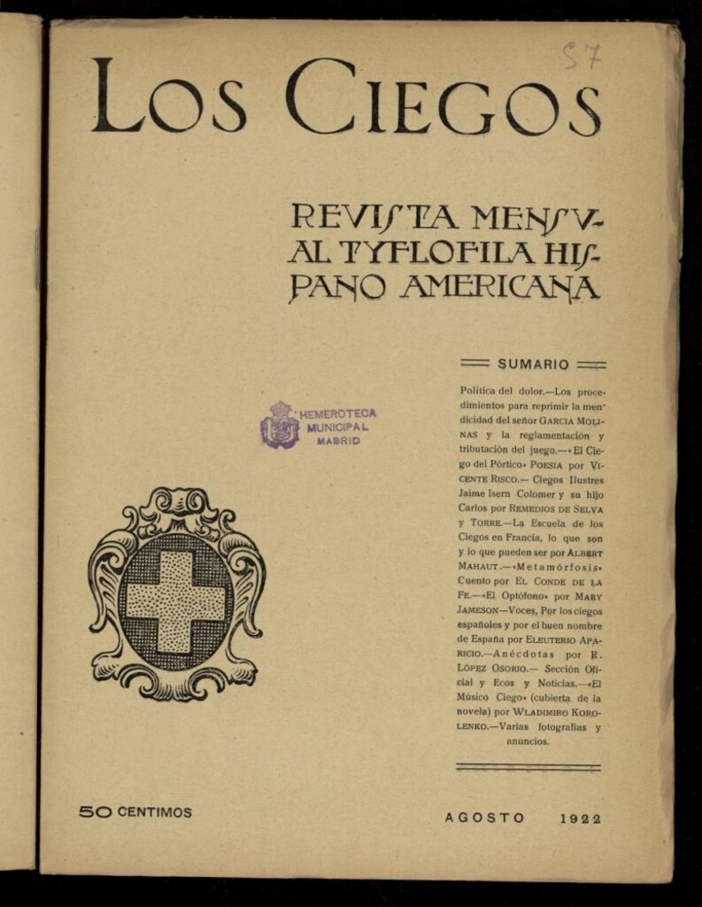 Miniatura de Los ciegos: revista mensual tyflofila hispano-americana de agosto de 1922, nº 57