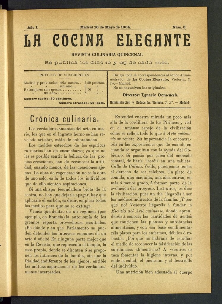 Miniatura de La Cocina Elegante: revista culinaria quincenal del 10 de mayo de 1904, nº 3