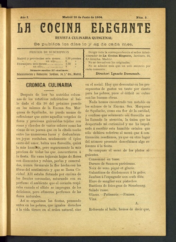 Miniatura de La Cocina Elegante: revista culinaria quincenal del 10 de junio de 1904, nº 5