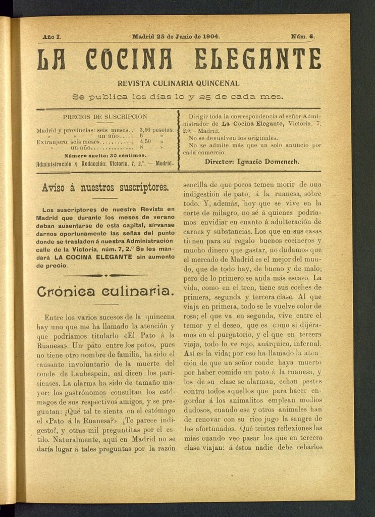 Miniatura de La Cocina Elegante: revista culinaria quincenal del 25 de junio de 1904, nº 6