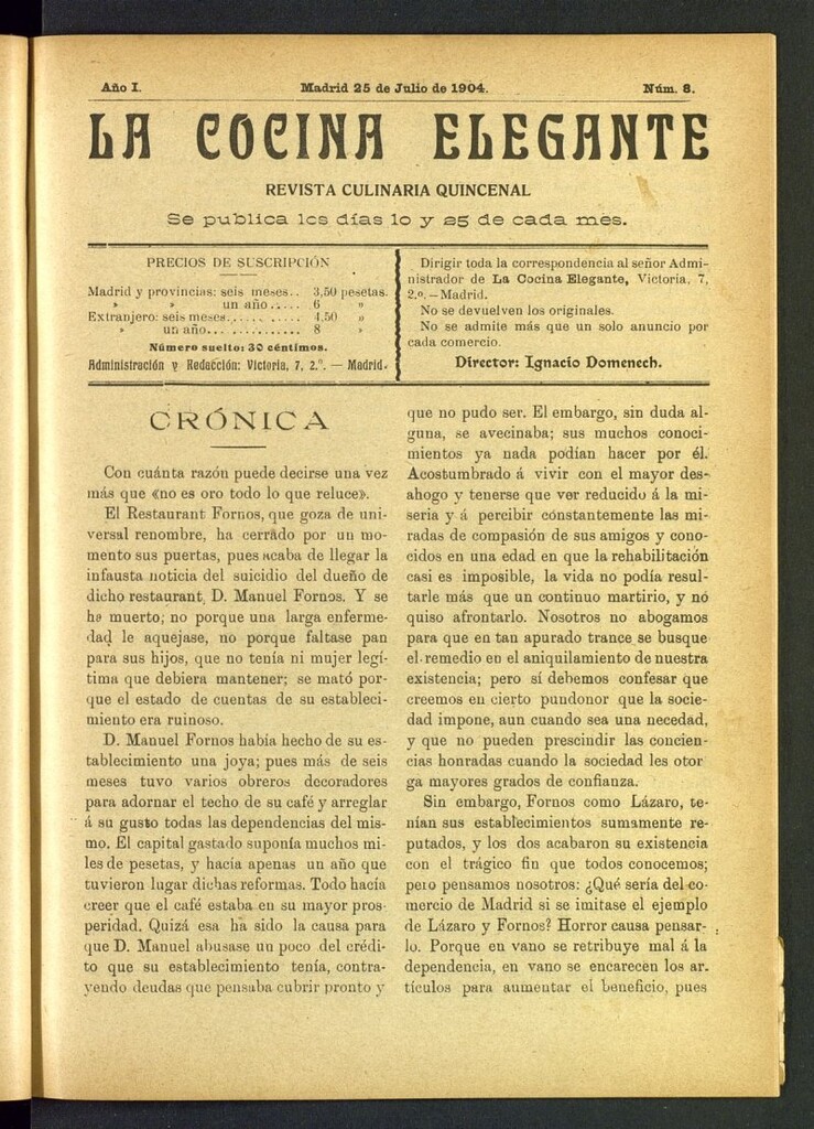Miniatura de La Cocina Elegante: revista culinaria quincenal del 25 de julio de 1904, nº 8