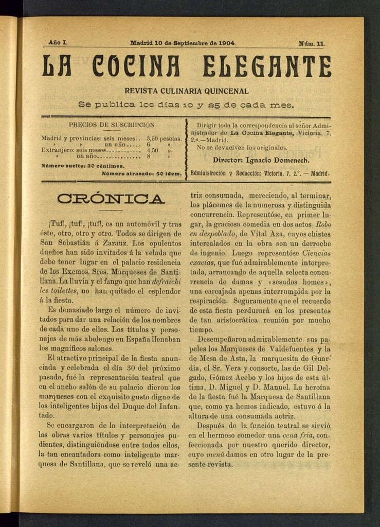 Miniatura de La Cocina Elegante: revista culinaria quincenal del 10 de septiembre de 1904, nº 11