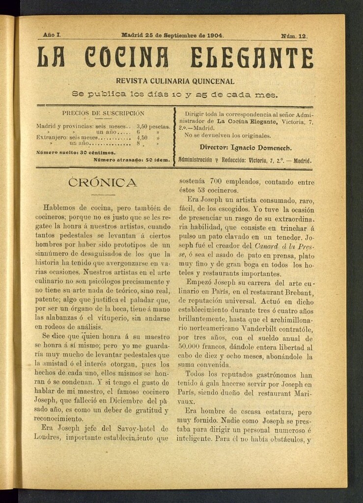 Miniatura de La Cocina Elegante: revista culinaria quincenal del 25 de septiembre de 1904, nº 12