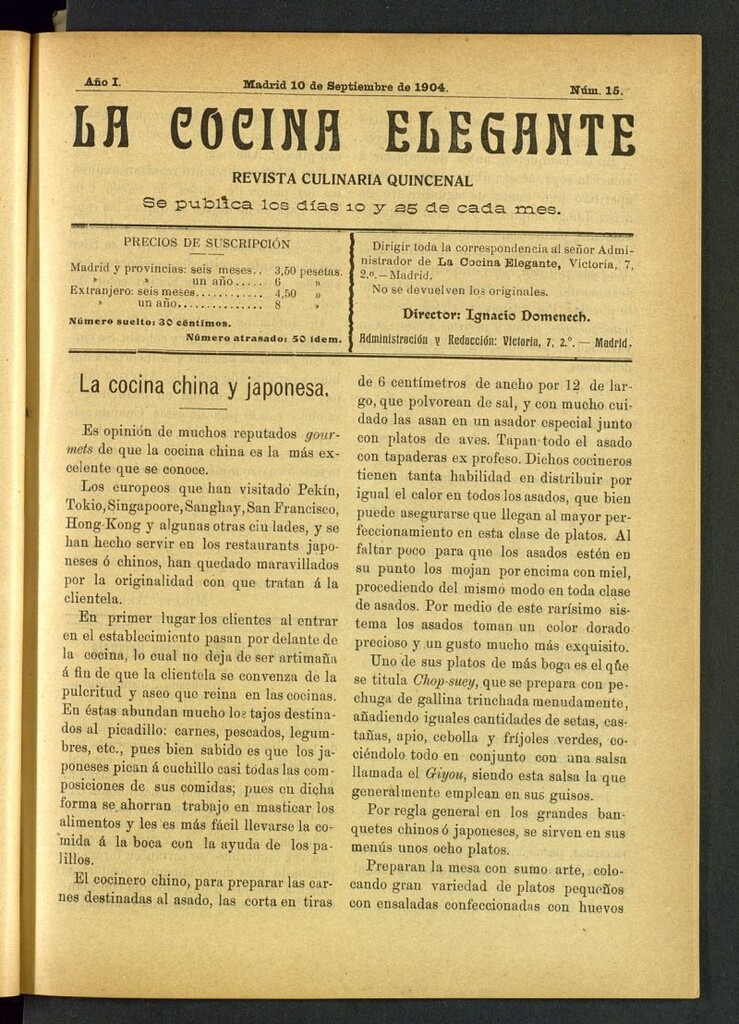 Miniatura de La Cocina Elegante: revista culinaria quincenal del 10 de noviembre de 1904, nº 15