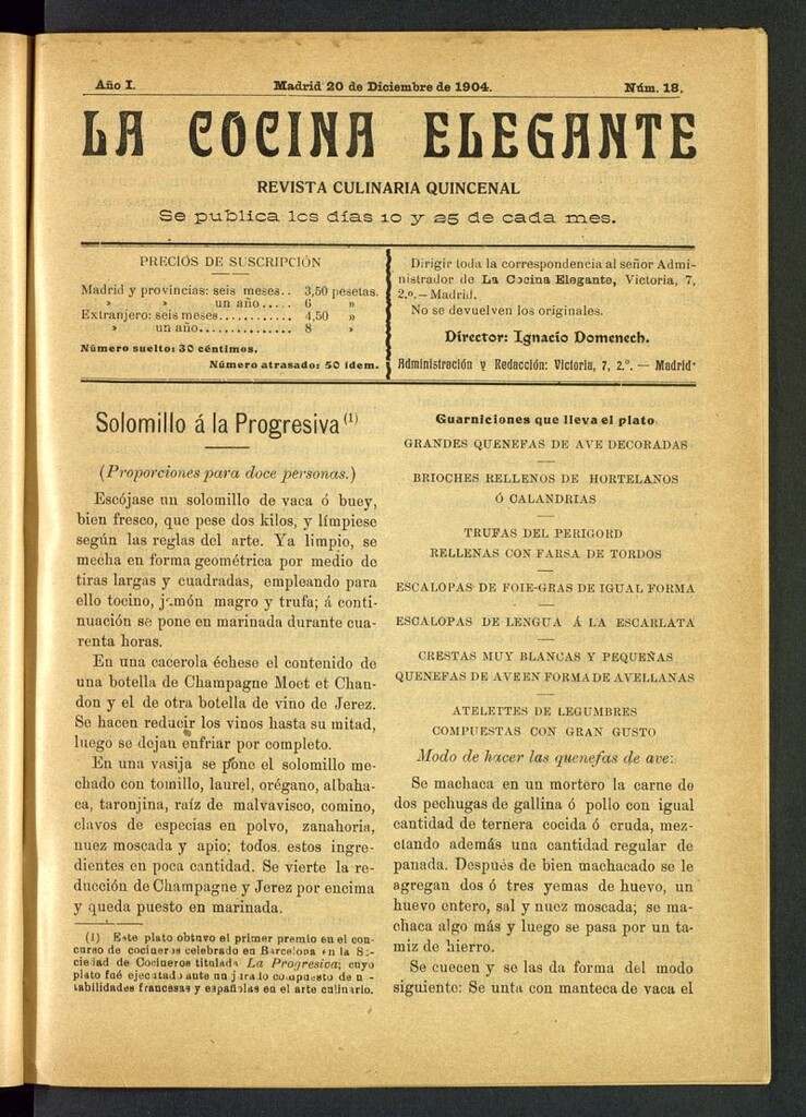 Miniatura de La Cocina Elegante: revista culinaria quincenal del 25 de diciembre de 1904, nº 18
