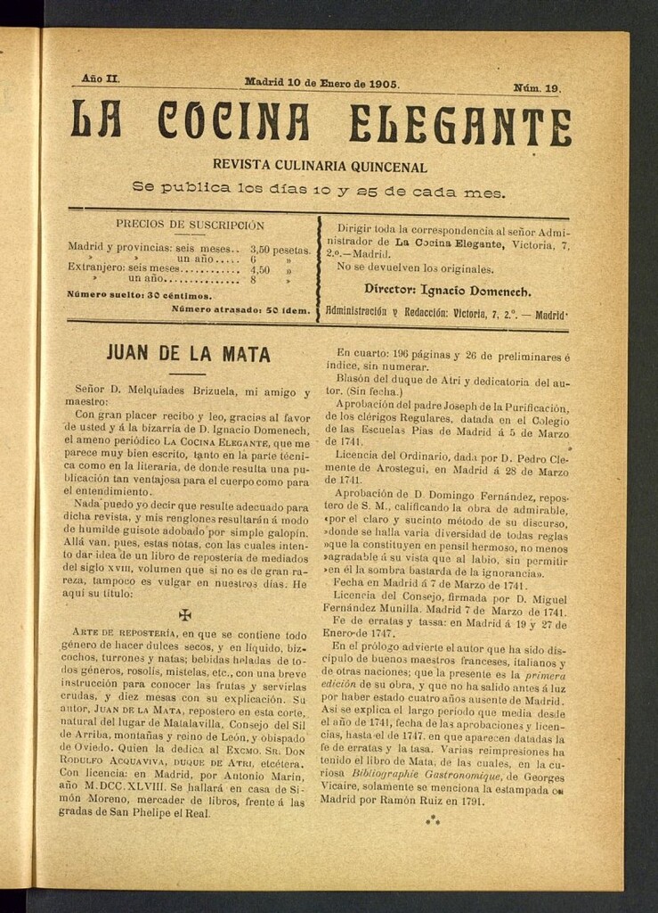 Miniatura de La Cocina Elegante: revista culinaria quincenal del 10 de enero de 1905, nº 19