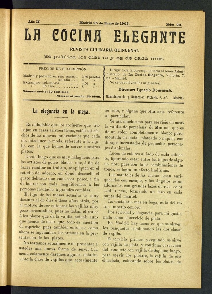Miniatura de La Cocina Elegante: revista culinaria quincenal del 25 de enero de 1905, nº 20