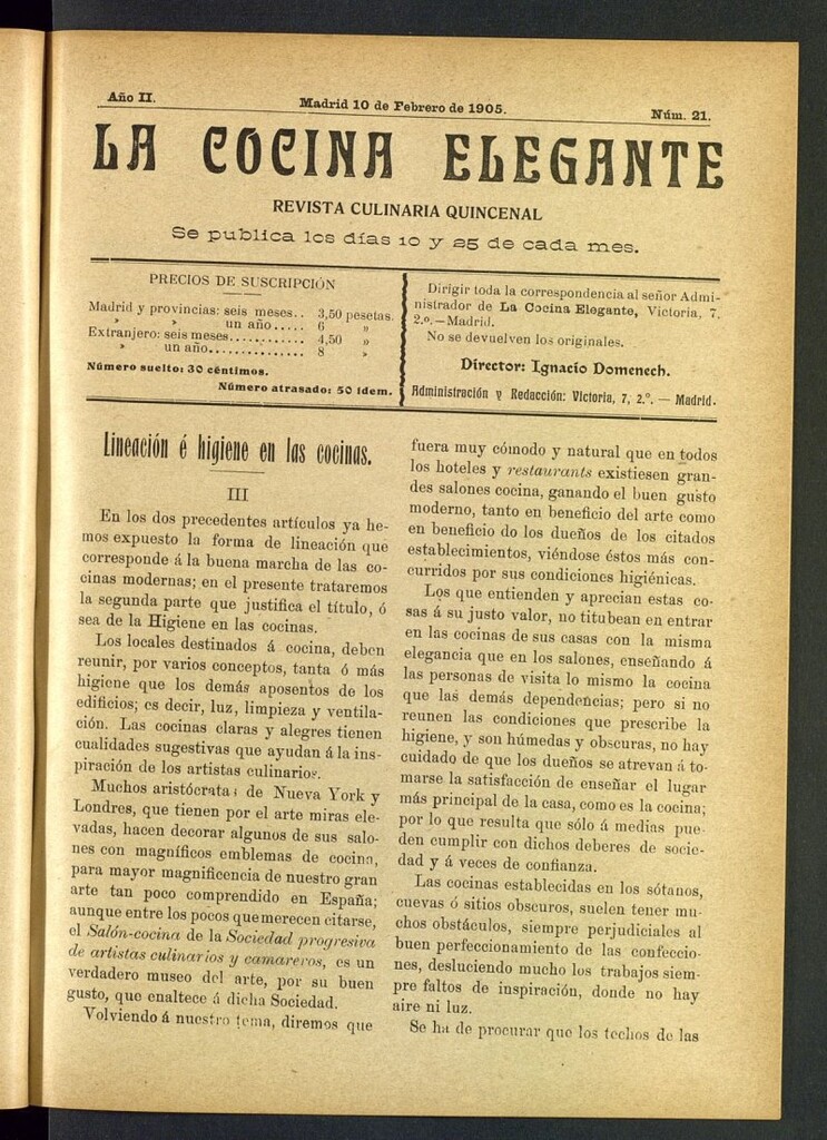 Miniatura de La Cocina Elegante: revista culinaria quincenal del 10 de febrero de 1905, nº 21
