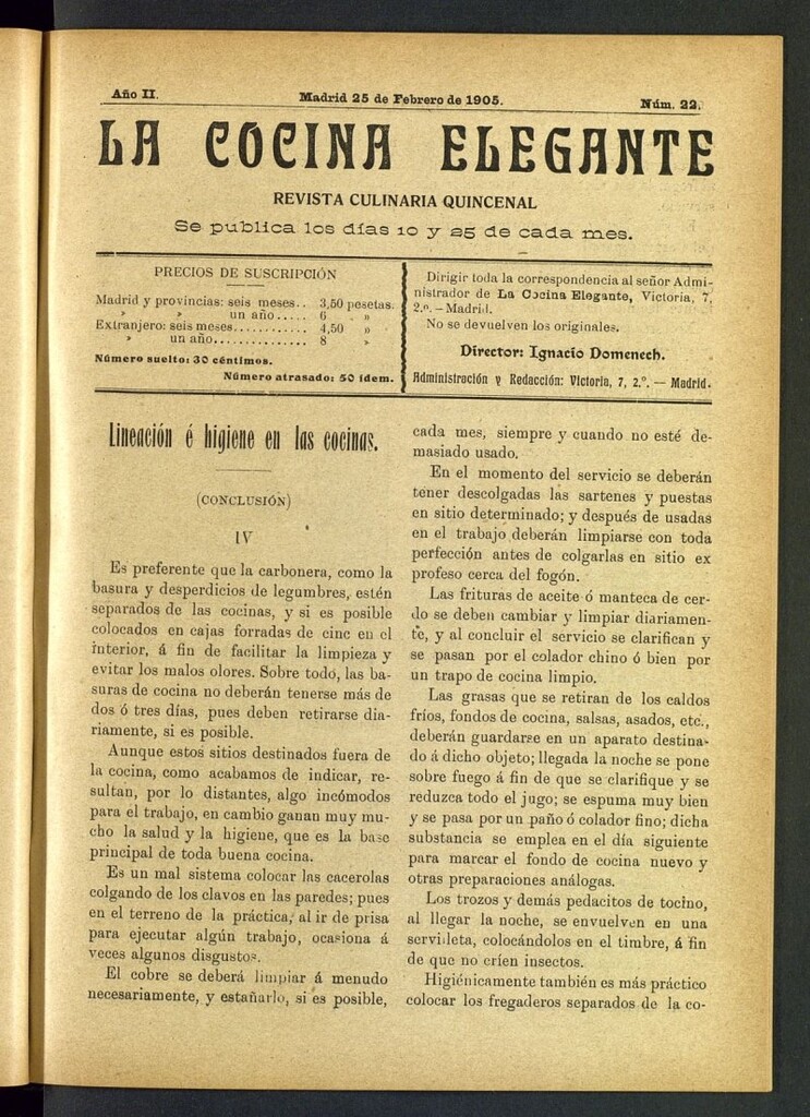 Miniatura de La Cocina Elegante: revista culinaria quincenal del 25 de febrero de 1905, nº 22