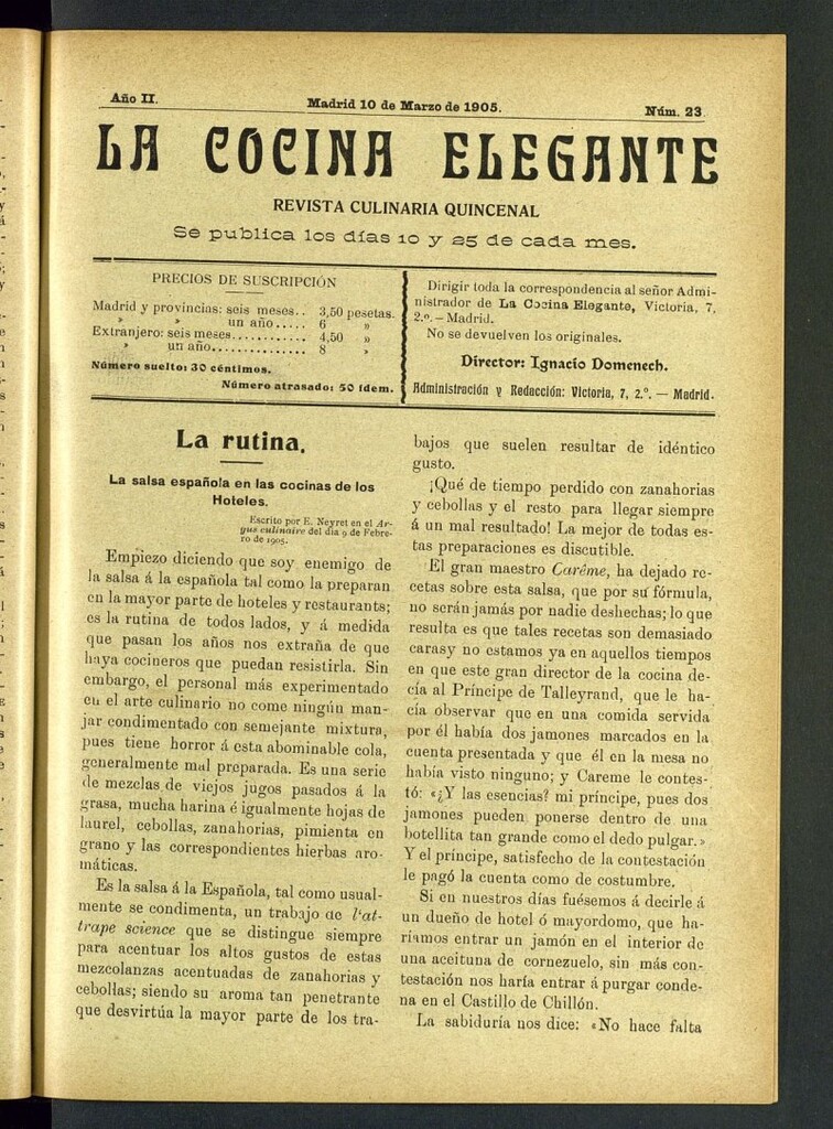 Miniatura de La Cocina Elegante: revista culinaria quincenal del 10 de marzo de 1905, nº 23