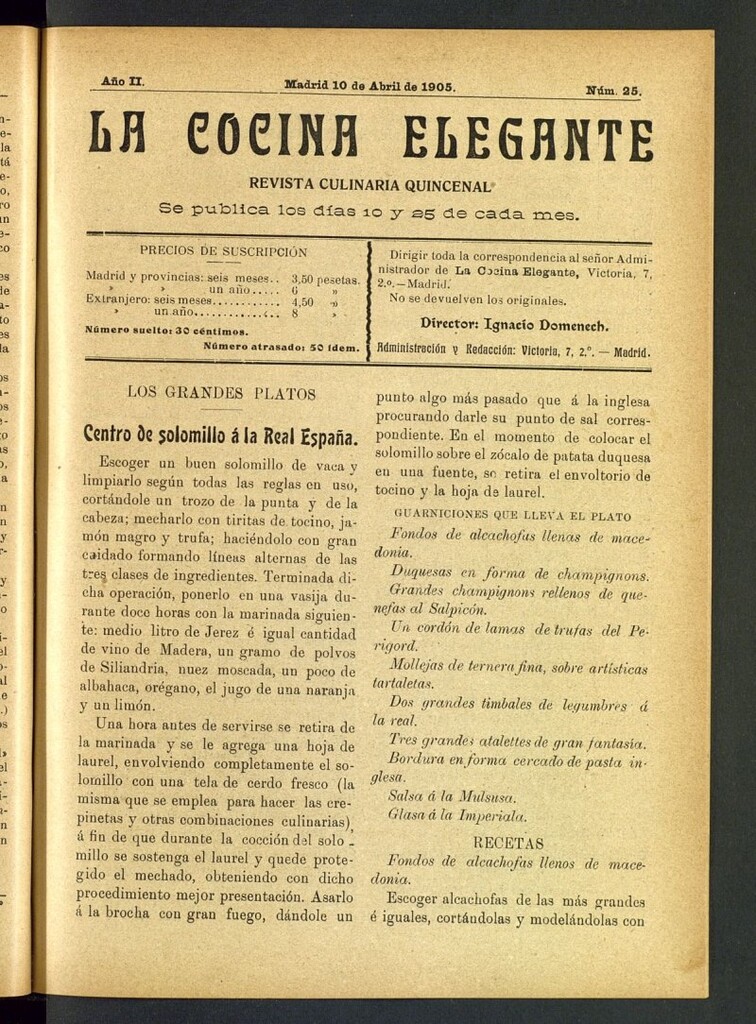 Miniatura de La Cocina Elegante: revista culinaria quincenal del 10 de abril de 1905, nº 25