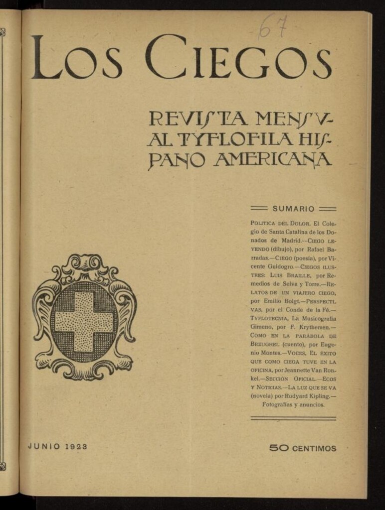 Miniatura de Los ciegos: revista mensual tyflofila hispano-americana de junio de 1923,  nº 67