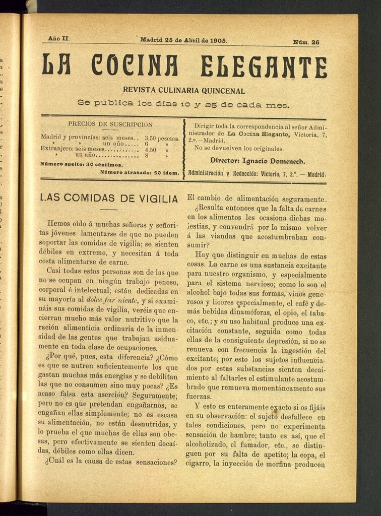 Miniatura de La Cocina Elegante: revista culinaria quincenal del 25 de abril de 1905, nº 26