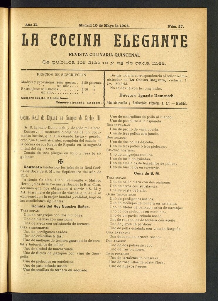 Miniatura de La Cocina Elegante: revista culinaria quincenal del 10 de mayo de 1905, nº 27