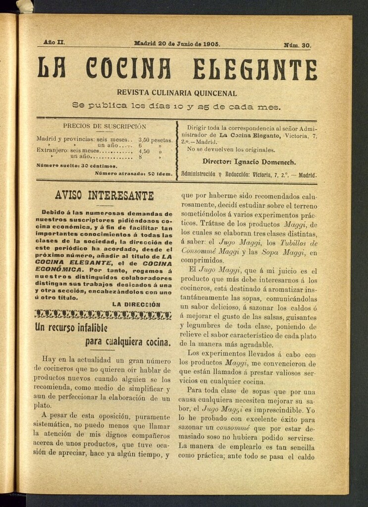 Miniatura de La Cocina Elegante: revista culinaria quincenal del 20 de junio de 1905, nº 30