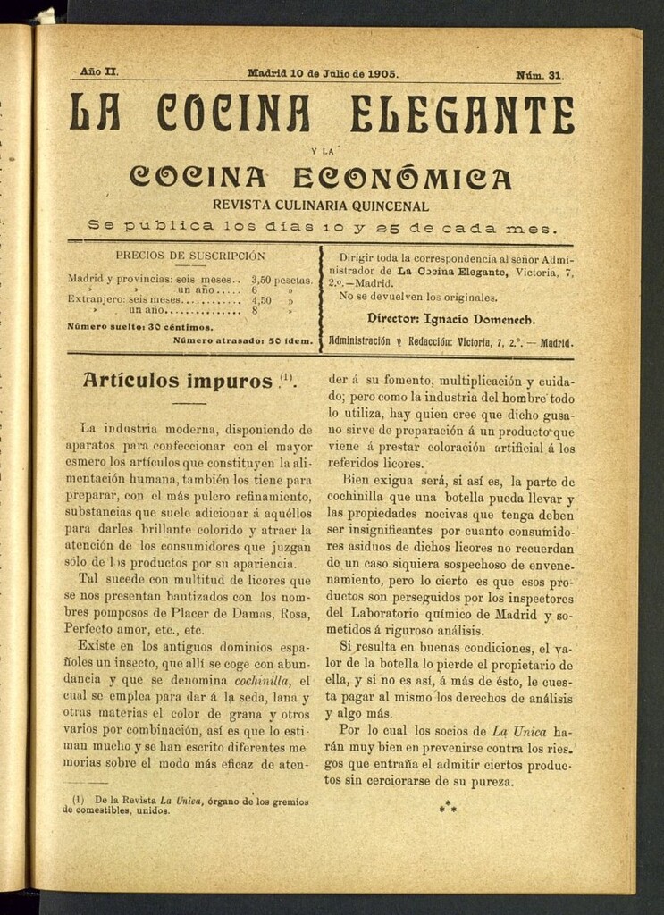 Miniatura de La Cocina Elegante: revista culinaria quincenal del 10 de julio de 1905, nº 31