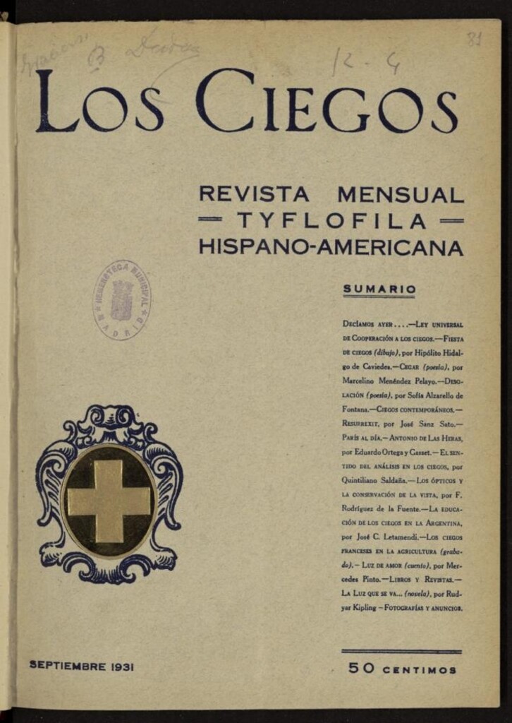 Miniatura de Los ciegos: revista mensual tyflofila hispano-americana de septiembre de 1931, nº 81