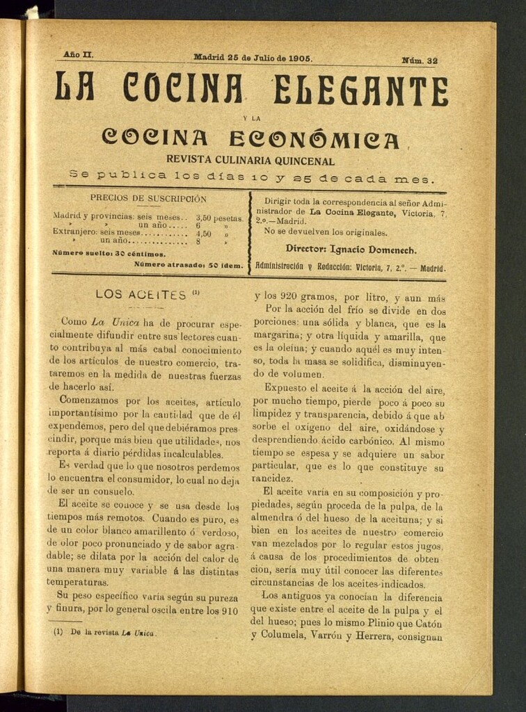Miniatura de La Cocina Elegante: revista culinaria quincenal del 25 de julio de 1905, nº 32
