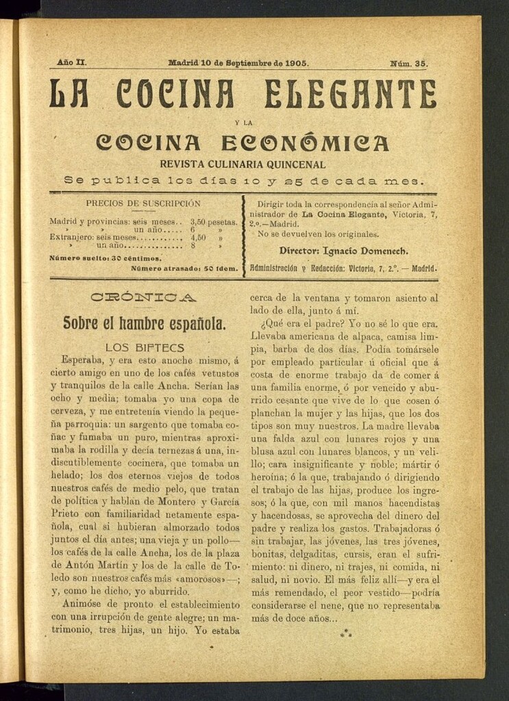 Miniatura de La Cocina Elegante: revista culinaria quincenal del 10 de septiembre de 1905, nº 35