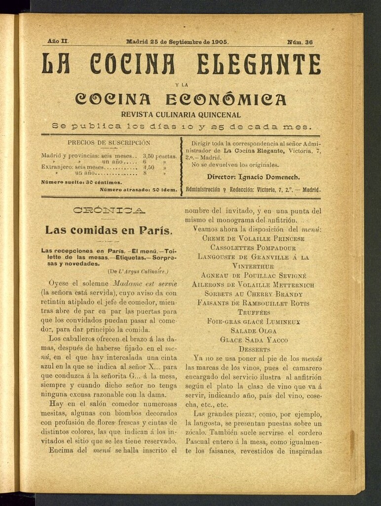 Miniatura de La Cocina Elegante: revista culinaria quincenal del 25 de septiembre de 1905, nº 36
