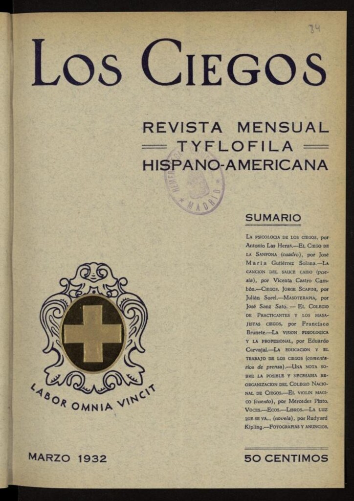 Miniatura de Los ciegos: revista mensual tyflofila hispano-americana de marzo de 1932, nº 84