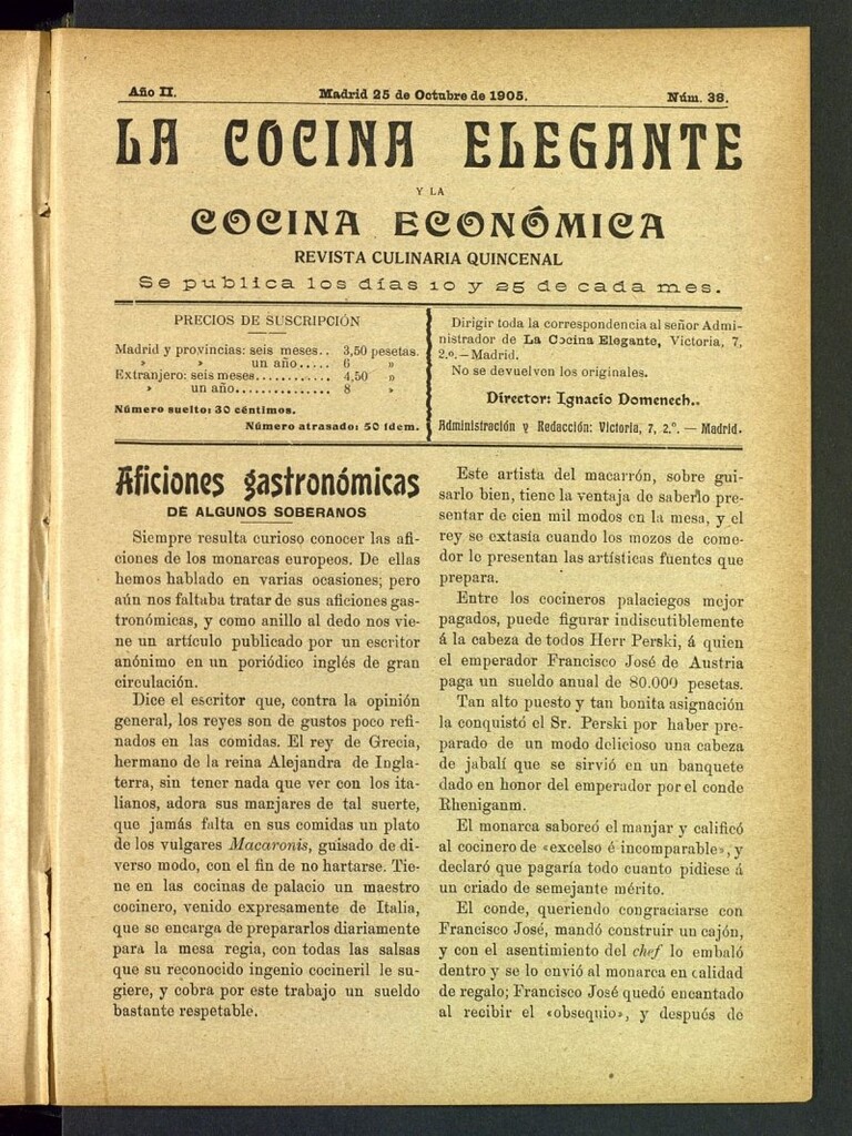 Miniatura de La Cocina Elegante: revista culinaria quincenal del 25 de octubre de 1905, nº 38
