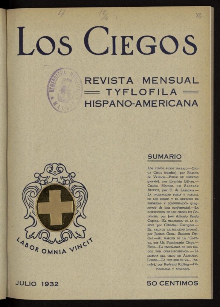 Miniatura de Los ciegos: revista mensual tyflofila hispano-americana de julio de 1932, nº 86
