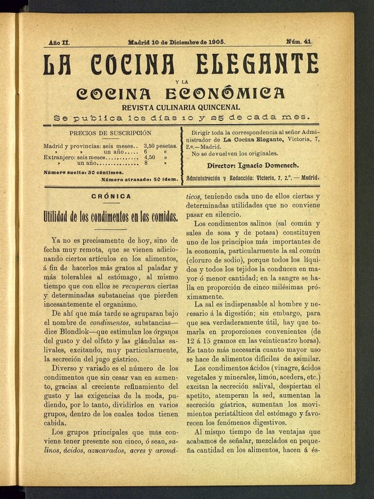 Miniatura de La Cocina Elegante: revista culinaria quincenal del 10 de diciembre de 1905, nº 41