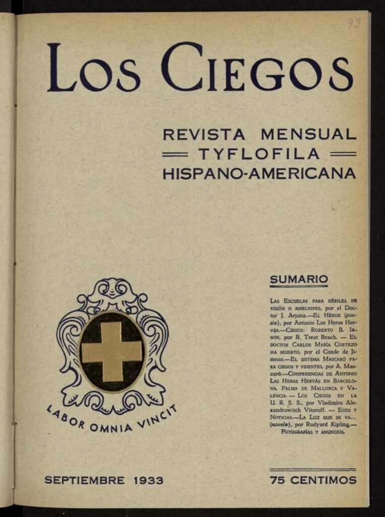 Miniatura de Los ciegos: revista mensual tyflofila hispano-americana de septiembre de 1933, nº 93