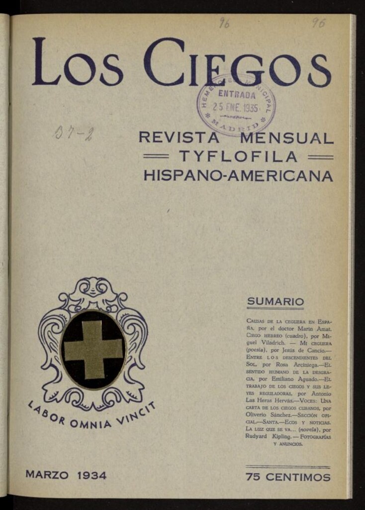 Miniatura de Los ciegos: revista mensual tyflofila hispano-americana de marzo de 1934, nº 96