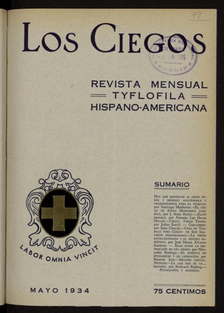 Miniatura de Los ciegos: revista mensual tyflofila hispano-americana de mayo de 1934, nº 97