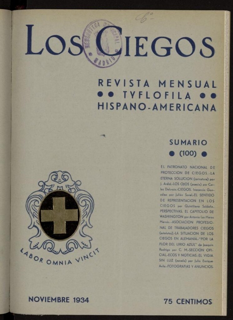Miniatura de Los ciegos: revista mensual tyflofila hispano-americana de noviembre de 1934, nº 100