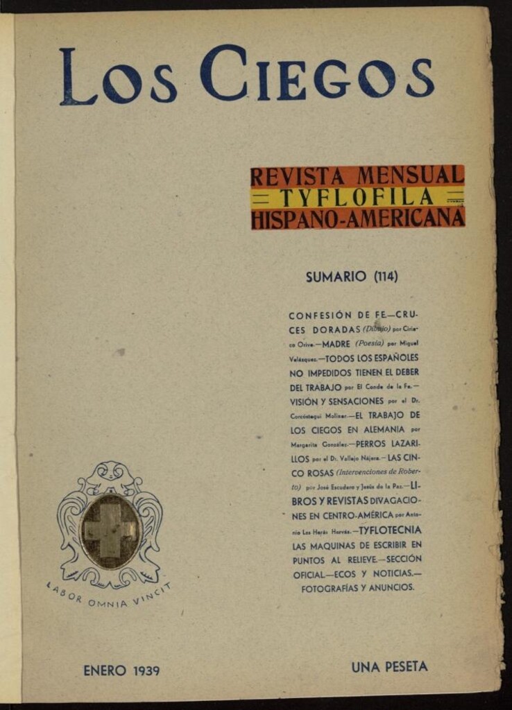 Miniatura de Los ciegos: revista mensual tyflofila hispano-americana de enero de 1939, nº 114