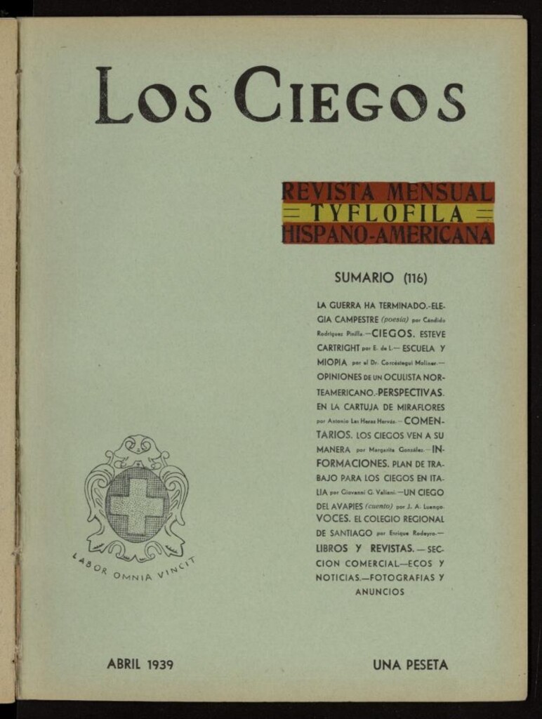 Miniatura de Los ciegos: revista mensual tyflofila hispano-americana de abril de 1939, nº 116