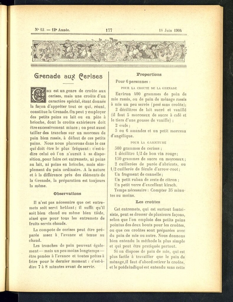 Miniatura de Le Pot-au-Feu : journal de cuisine pratique et d´économie domestique del 18 de junio de 1904, nº 12