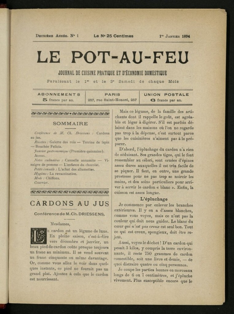 Miniatura de Le Pot-au-Feu : journal de cuisine pratique et d´économie domestique, del 1 de enero de 1894, nº 1