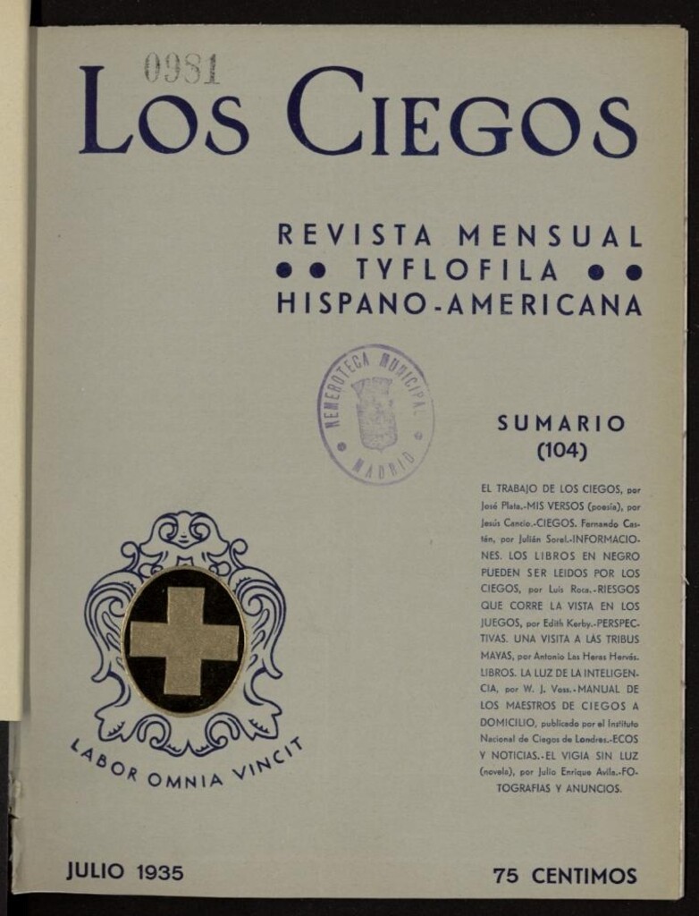 Miniatura de Los ciegos: revista mensual tyflofila hispano-americana de julio de 1935, nº 104