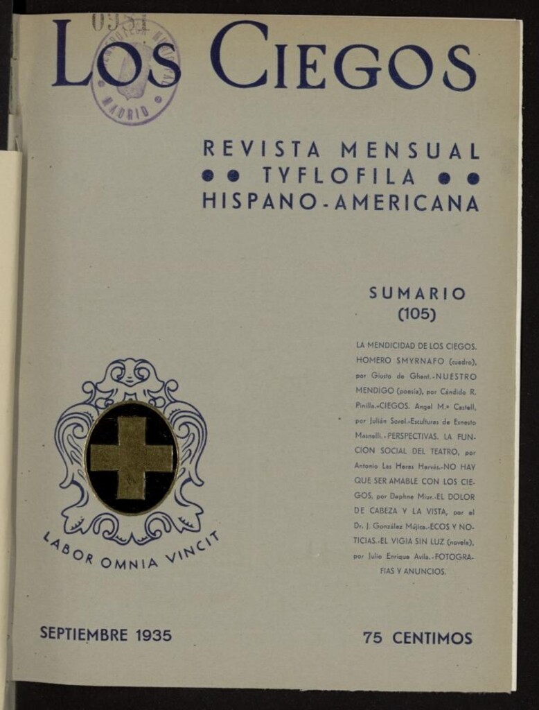 Miniatura de Los ciegos: revista mensual tyflofila hispano-americana de septiembre de 1935, nº 105