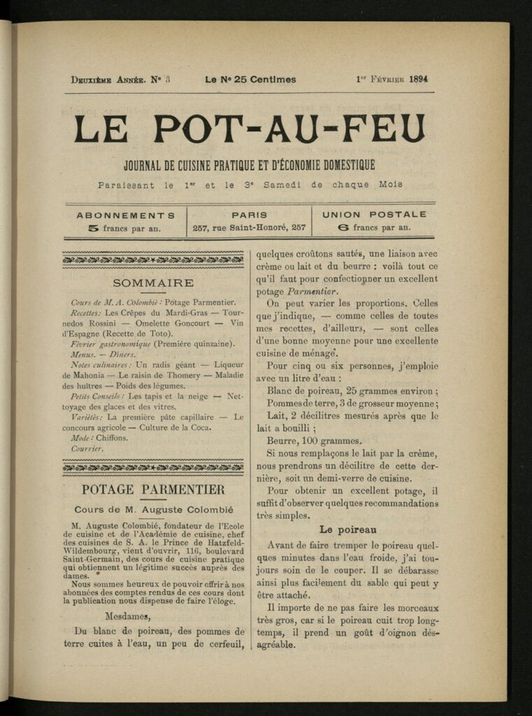 Miniatura de Le Pot-au-Feu : journal de cuisine pratique et d´économie domestique del 1 de febrero de 1894, nº 3
