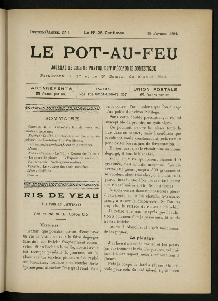 Miniatura de Le Pot-au-Feu : journal de cuisine pratique et d´économie domestique del 15 de febrero de 1894, nº 4